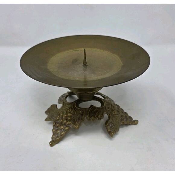 Vintage Brass Pillar Candle Holder Grape Vine 4”H 6.5”W Cottage Retro - Picture 2 of 11